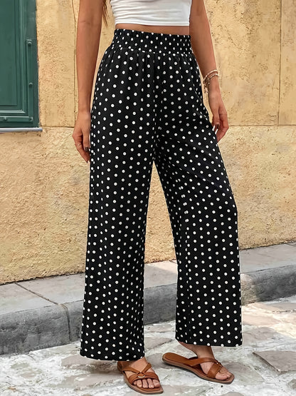 Women's High-Waisted Black & White Polka Dot Wide-Leg Pants