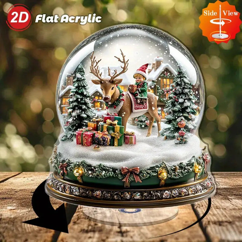 2D Flat, 1pc Rotating Acrylic Snow Globe with Deer & Fairies - Winter Wonderland Scene, Snow-Covered Trees & Twirling Mechanism, Indoor/Outdoor Christmas New Year Holiday Decoration, Lightweight Tabletop Decor for, gift, 2D F