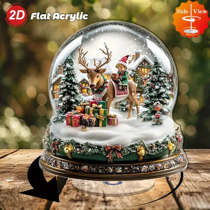 2D Flat, 1pc Rotating Acrylic Snow Globe with Deer & Fairies - Winter Wonderland Scene, Snow-Covered Trees & Twirling Mechanism, Indoor/Outdoor Christmas New Year Holiday Decoration, Lightweight Tabletop Decor for, gift, 2D F
