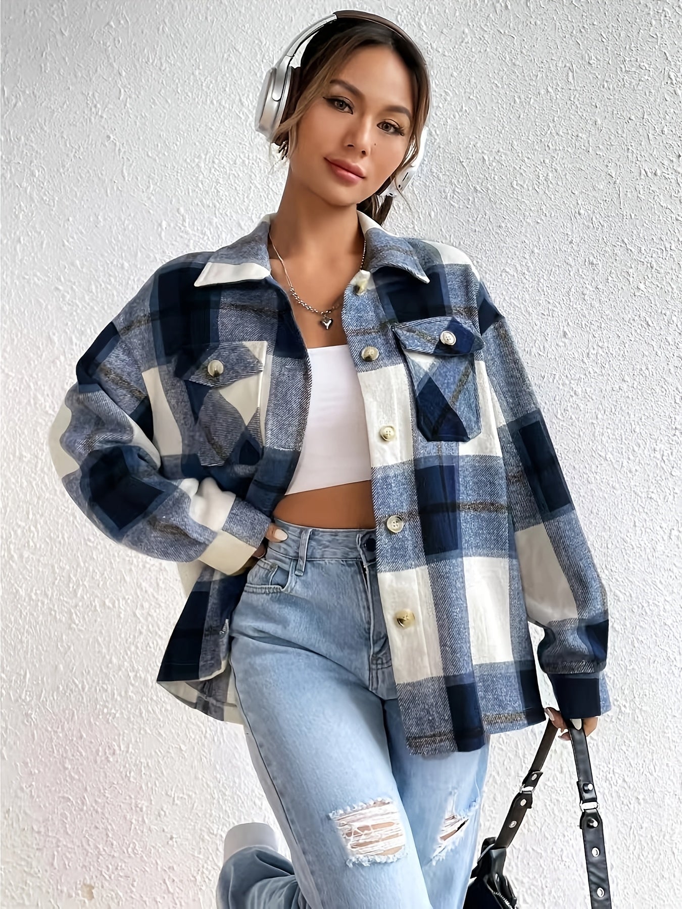 Elegant Women's Plaid Off-Shoulder Lapel Shirt with Pockets