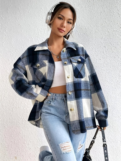 Elegant Women's Plaid Off-Shoulder Lapel Shirt with Pockets