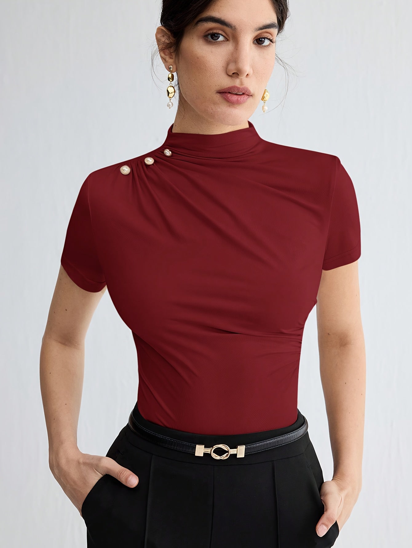 Elegant White Short Sleeve Turtleneck Top with Button Detail - Versatile Summer Blouse for Women, Casual Attire|Minimalist Style|Sleek Fit