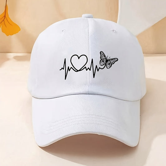 White Butterfly Heartbeat Baseball Cap, Simple Unisex Sports Hat, Sun Protection Outdoor Adjustable Cap