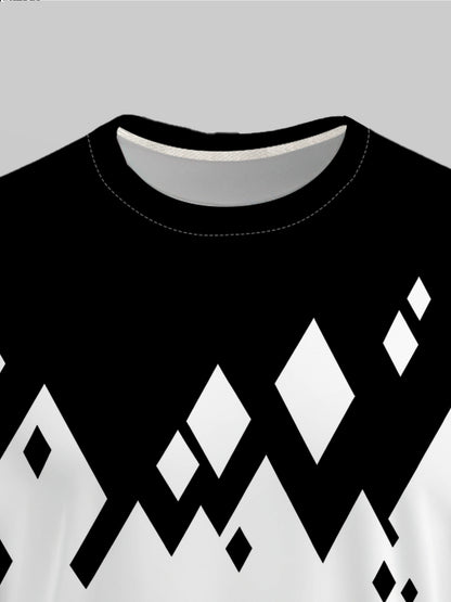 Men's Black & White Contrast Round Neck Long Sleeve T-Shirt - Casual Versatile Base Layer Top with Subtle Crossover Print, Machine Washable, Regular Fit for -Casual & Semi-Formal Wear