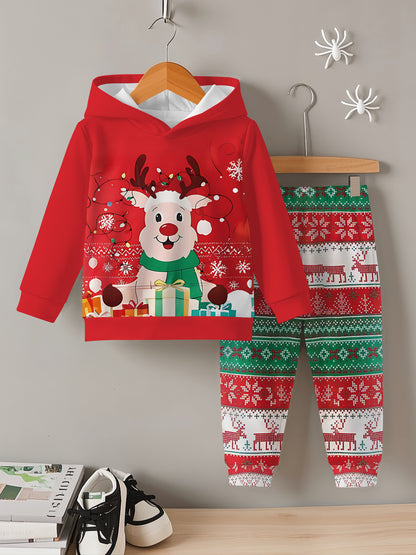 2pcs Boys' Christmas Reindeer & Holiday Sweatsuit Set - Cozy Hooded Sweatshirt & Sweatpants Outfit, Warm Winter Clothes for Boys, Boys' Casual Playwear, Machine Washable Gift for Christmas & New Year’s (Matching Outfit), Pe