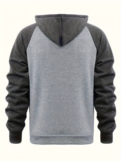 Տղամարդու ոճային գունային բլոկներով վերնաշապիկ՝ առօրյա, կայծակաճարմանդով և գլխարկով սվիտեր՝ առջևի գրպաններով, երկար թևքերով և երիզներով՝ շագանակագույն և սև դիզայնով, հարմարավետ աշնանային և ձմեռային հագուստի համար։