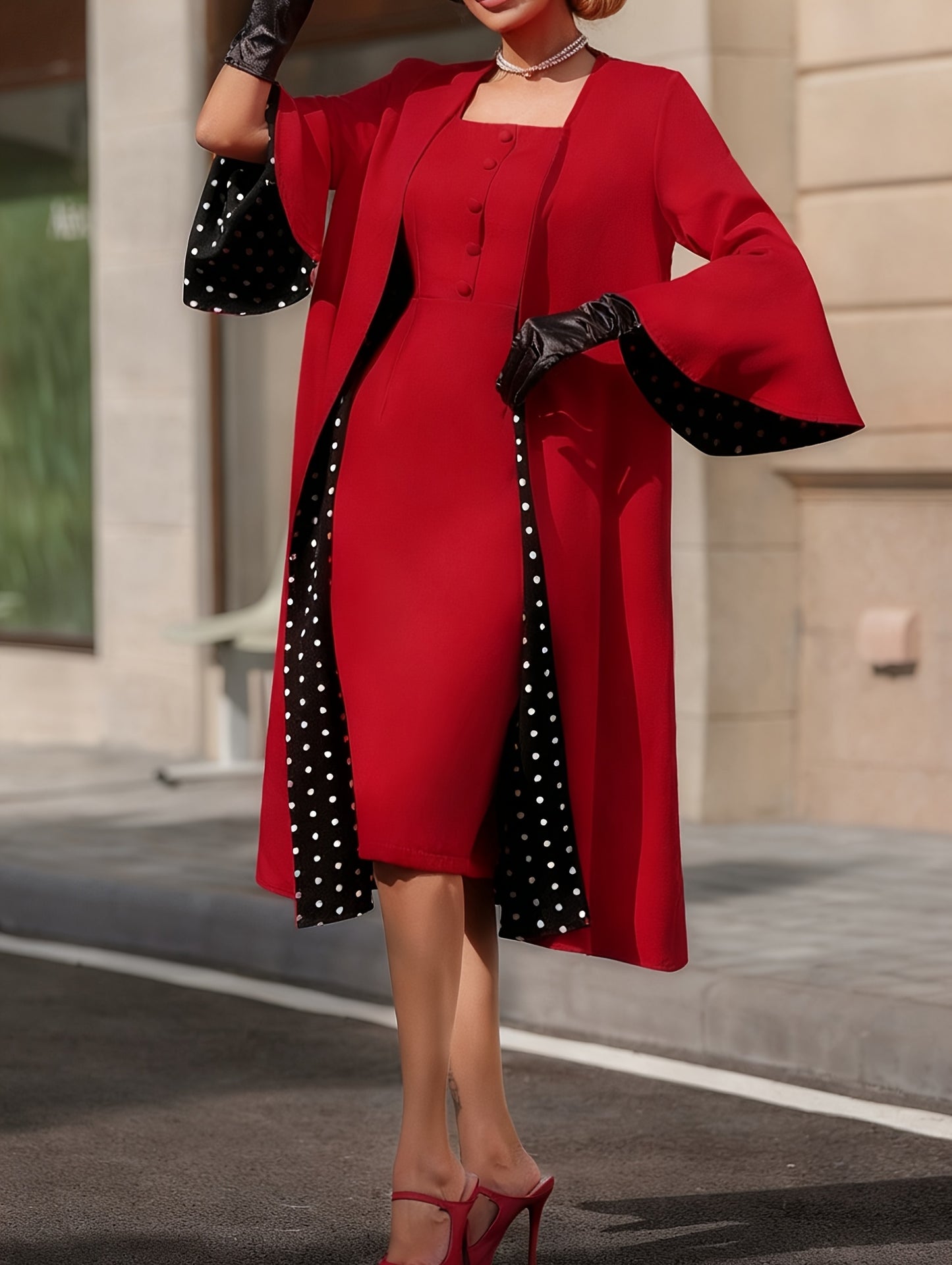 Women's Vintage Red Dress Set, Polka Dot Spliced Flared Sleeve Outfit, Square Neckline Waist-Cinching Dress + Trench Coat Two-Piece Set, Vintage Red Square Neckline Dress with Polka Dot Spliced Outerwear, Elegant New Year Par