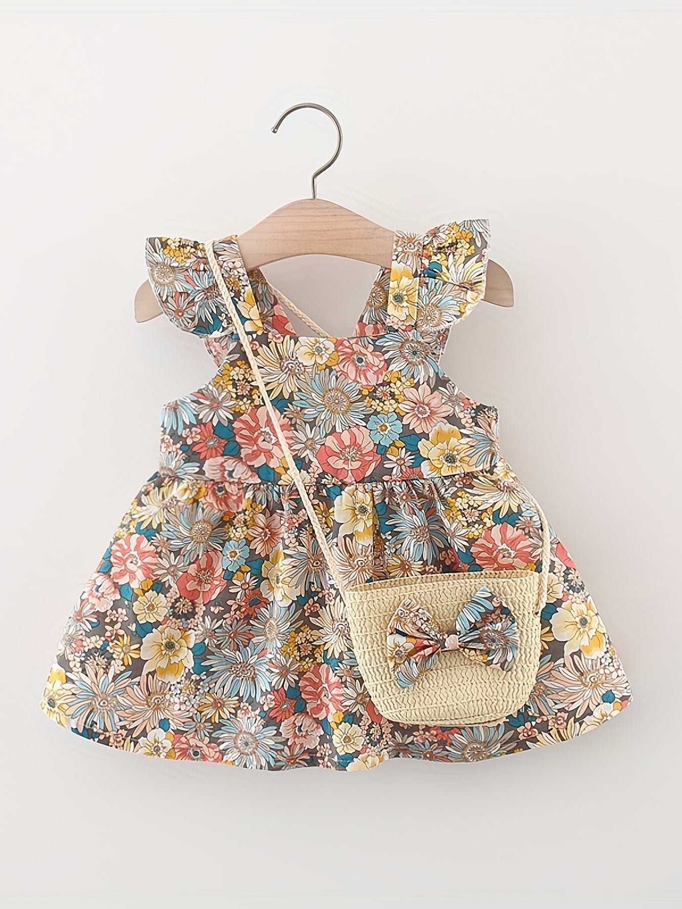 Vintage Floral Sleeveless Baby Girl Dress and Bag Set 0-3 Years