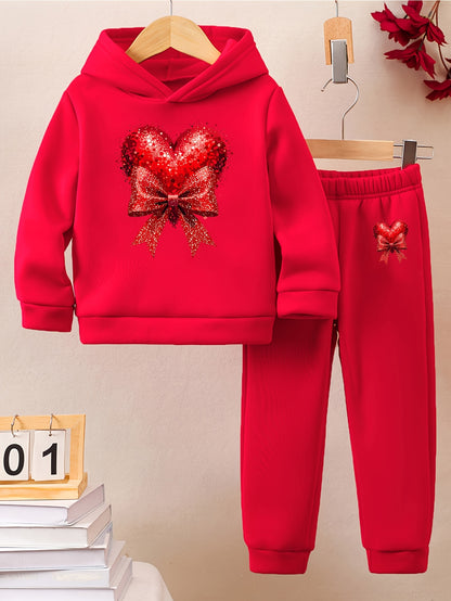 Girls' Autumn and Winter Thickened Hoodie Sports Two-Piece Set, Red Heart Bow Print Hoodie + Pants Outfit, Soft Light Beige-Friendly Fabric, Comfortable Warm Non-Shedding, Suitable for Outdoor Play, School, Holiday Gatherings