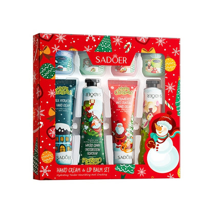 8pcs SADOER Christmas Hand Cream & Lip Balm Gift Set - Moisturizing, Softening, Brightening, and Dry Light Care with Glycerin, Hyaluronic Acid, and Plant-Based Squalane - Ideal for All Light Types, Festive Holiday Packaging,
