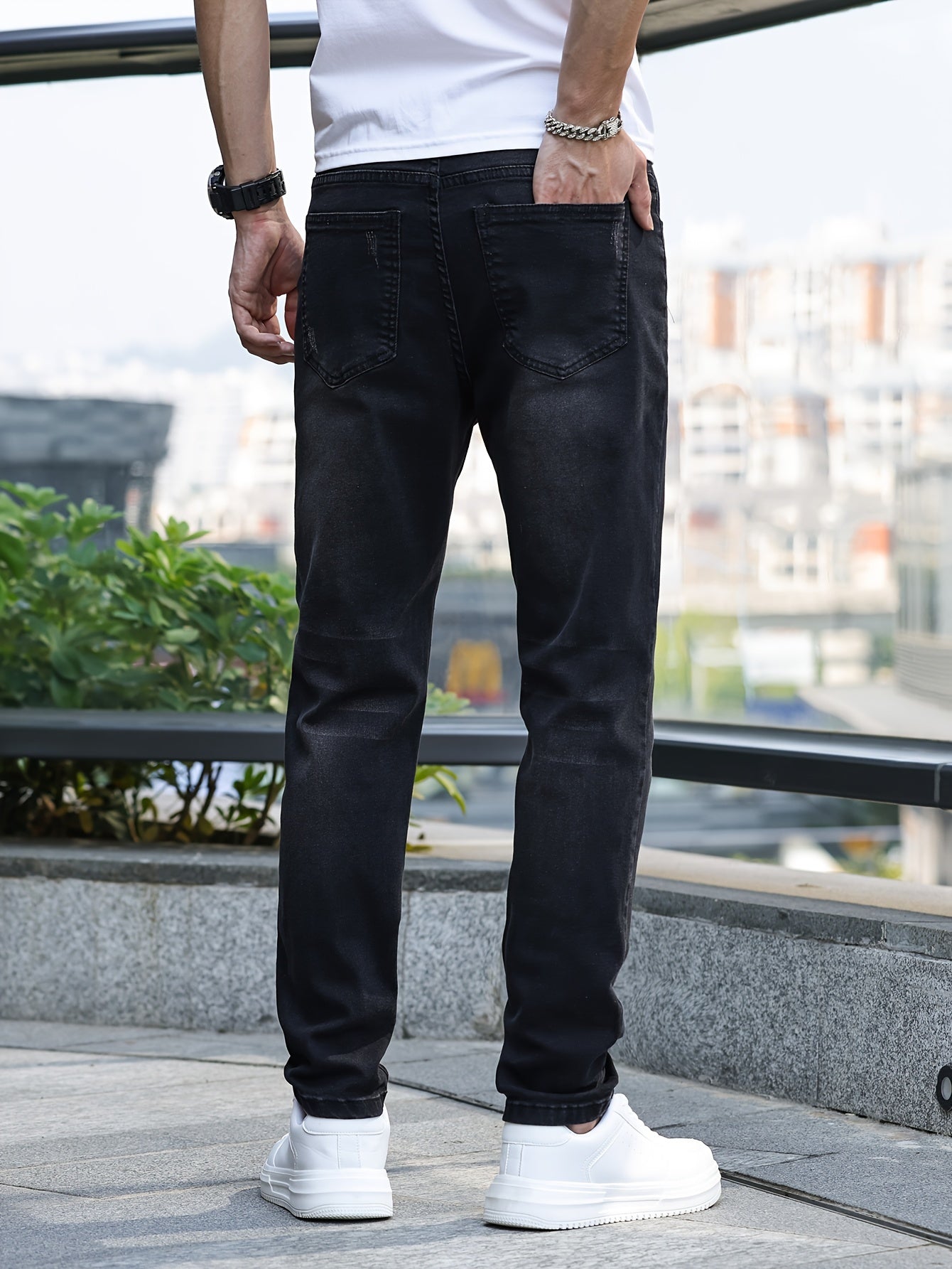 Men's Slim-Fit Stretch Denim Jeans - Casual Street Style, Mid-Rise, Light Blue, Comfortable & Versatile for All Seasons