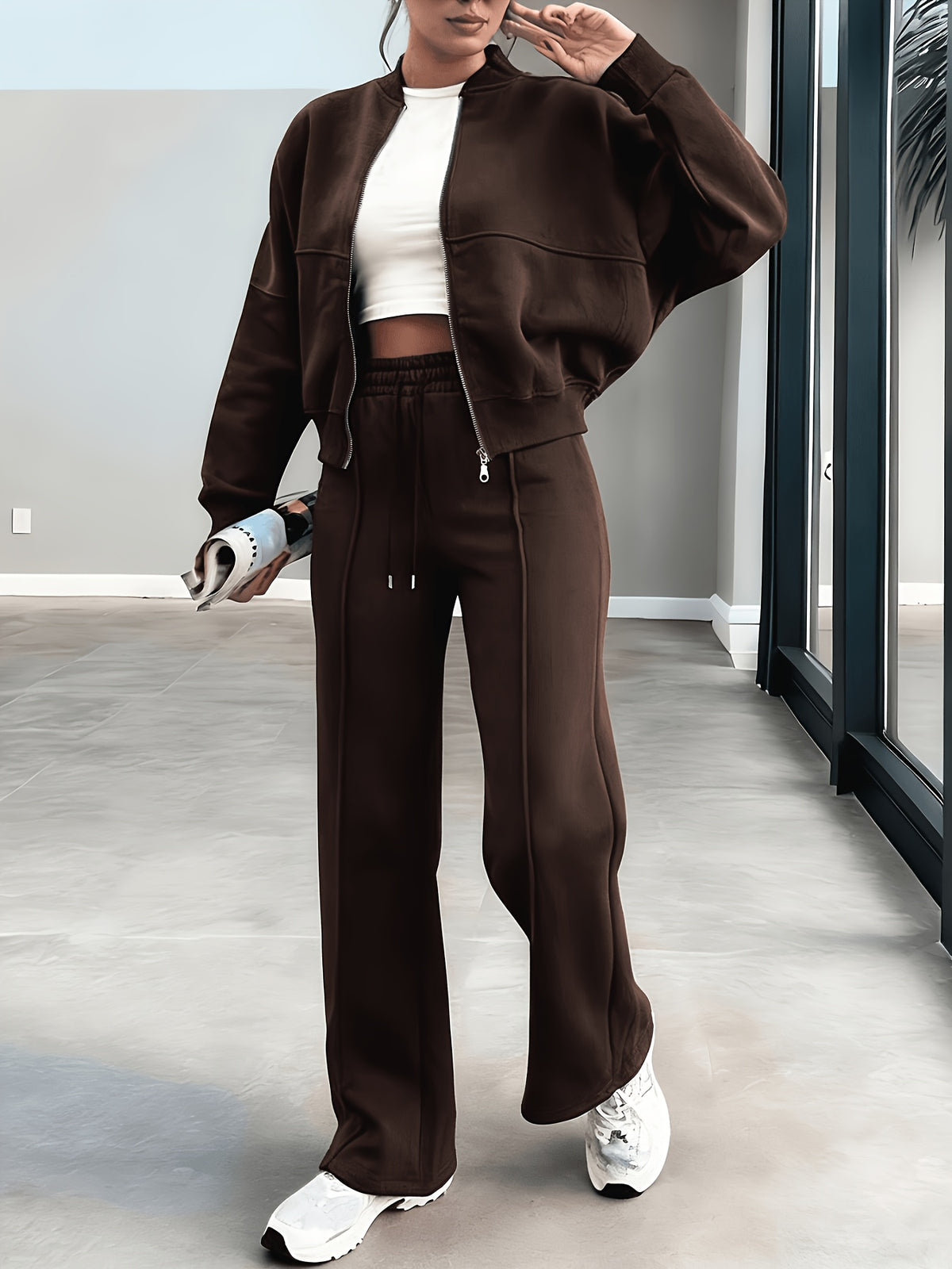 Women's Casual Long Sleeve Zipper Top & Pants Set for Fall - ayq