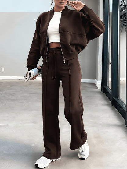 Women's Casual Long Sleeve Zipper Top & Pants Set for Fall - ayq