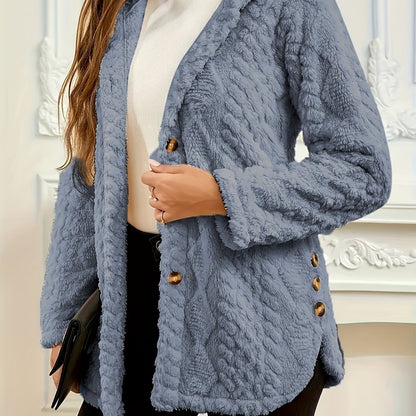 Elegant Pink Faux Fur Coat for Women - Chic Button-Front Hooded Jacket with Sleek Collar, Long Sleeves, and Ribbed Detailing - Perfect for Fall & Winter, Hand or Dry Clean Only