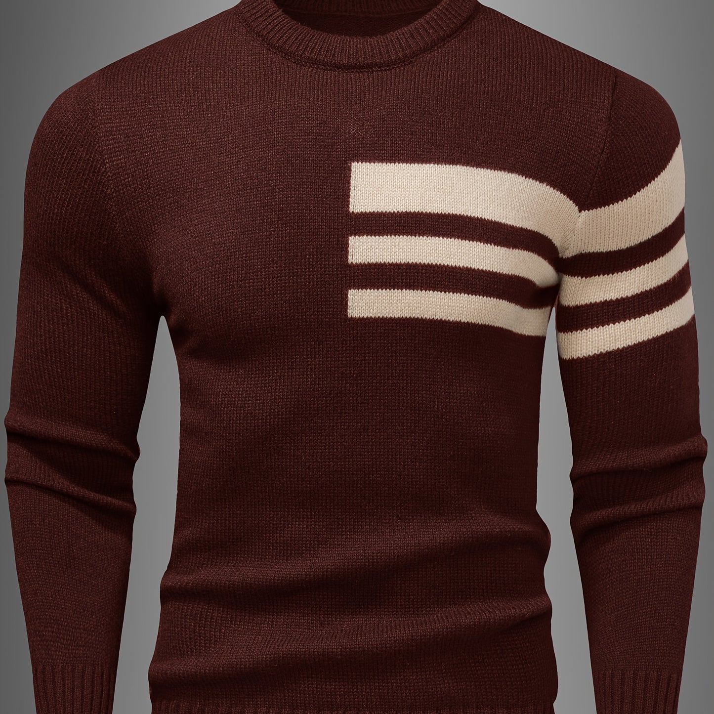 Men's Brown & Striped Sweater - Soft Round Neck Cable-Knit Winter Sweater with White Piping, Machine Washable Casual Pullover for Fall & Winter, Brown/Beige Horizontal Stripes, Ribbed Cuffs & Hem, Stylish Men's Sweater for Ev