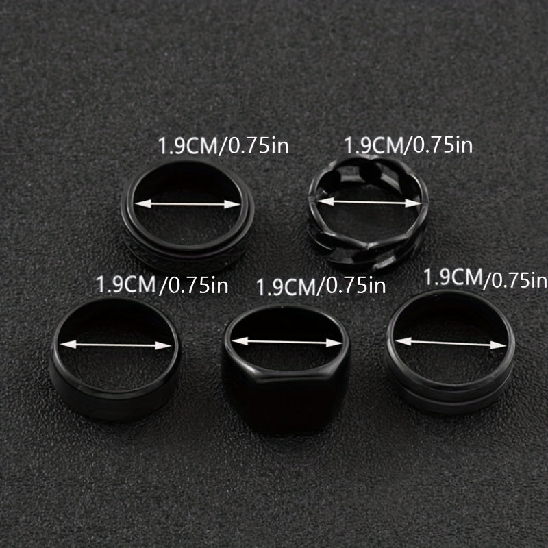 5 ոճային չժանգոտվող պողպատե մատանիների հավաքածու՝ պտտվող սև երկրաչափական նախշերով, պարզ խոռոչավոր մատանիներ, որոնք կատարյալ են տղամարդկանց հարսանեկան կամ ժամադրությունների աքսեսուարների համար։