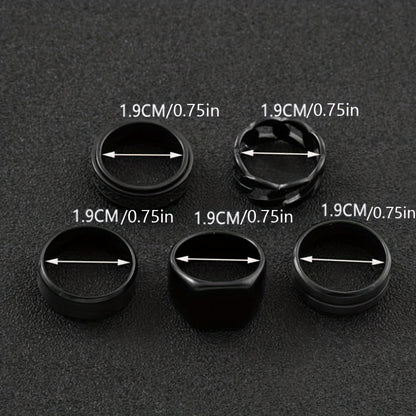 5 ոճային չժանգոտվող պողպատե մատանիների հավաքածու՝ պտտվող սև երկրաչափական նախշերով, պարզ խոռոչավոր մատանիներ, որոնք կատարյալ են տղամարդկանց հարսանեկան կամ ժամադրությունների աքսեսուարների համար։