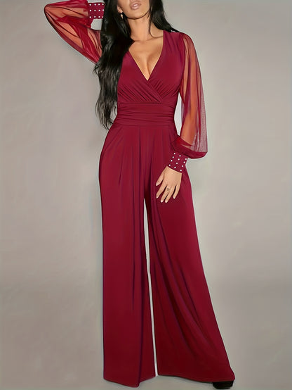 Women'S Elegant V-Neck Long Sleeve Jumpsuit - Solid Color, Stretchy Comfortable Fabric, Waist-Cinching Design, All-Season Versatile Outfit, Perfect for Daily Wear, Commuting, Parties, and Formal Events, Party Attire | Vneck J