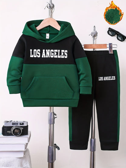 2pcs Boys' Autumn/Winter Fleece-Lined Hooded Sweatshirt and Pants Set, Simple Letter Print Fashion Classic Outfit for Outdoor Sports and Casual Wear, 100% Polyester Knit Stretch Fabric, Ideal Gift Choice for Kids, Perfect for