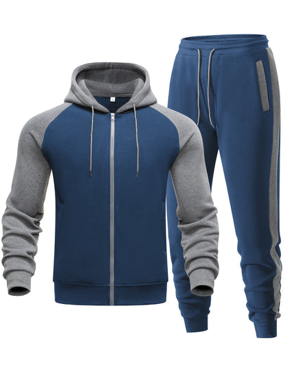 Men's Casual Sports Hoodie Two-Piece Set Four Seasons Color-Matching Zipper Drawstring Waist Jogging Suit - ayq