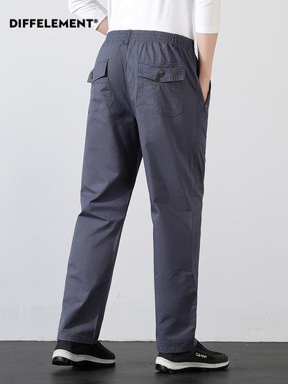 Men's Cotton Casual Trousers with Elastic Waist and Zipper Pockets