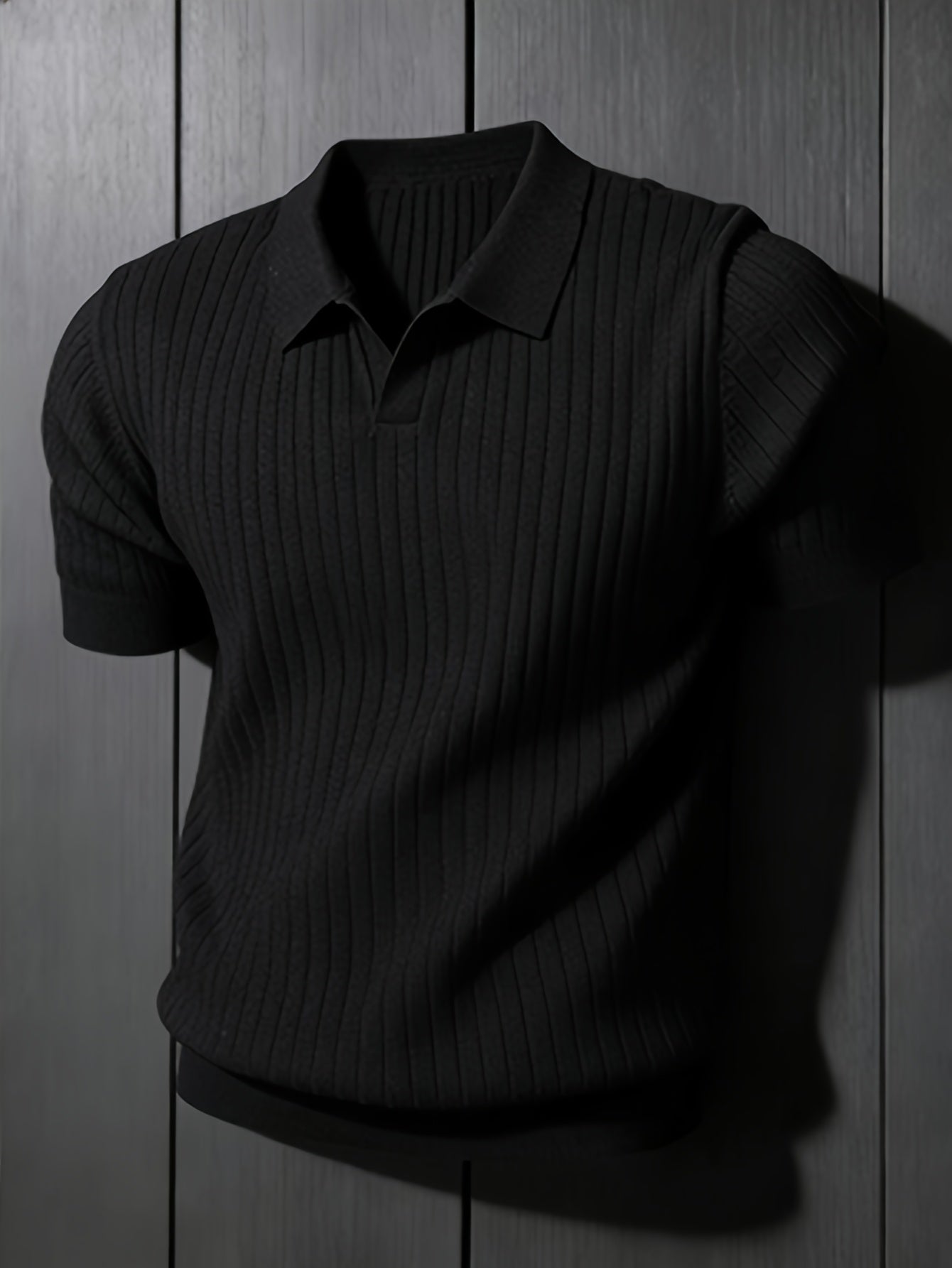 Men's Slim Fit Vertical Rib Knit Polo Shirt for Spring Summer