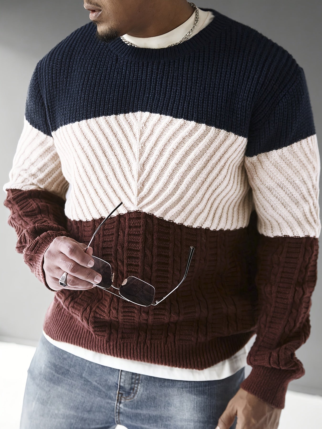 Men's Fashion Color-Block Striped Crew Neck Long Sleeve Casual Pullover, Trendy Elastic Warm Knitwear for Winter Outdoor Activities