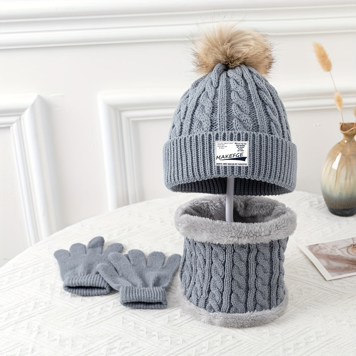 Youngsters's Autumn and Winter Warm Knitted Hat, Scarf, and Gloves Three-Piece Set for Boys and Girls - Cold Protection Outfit