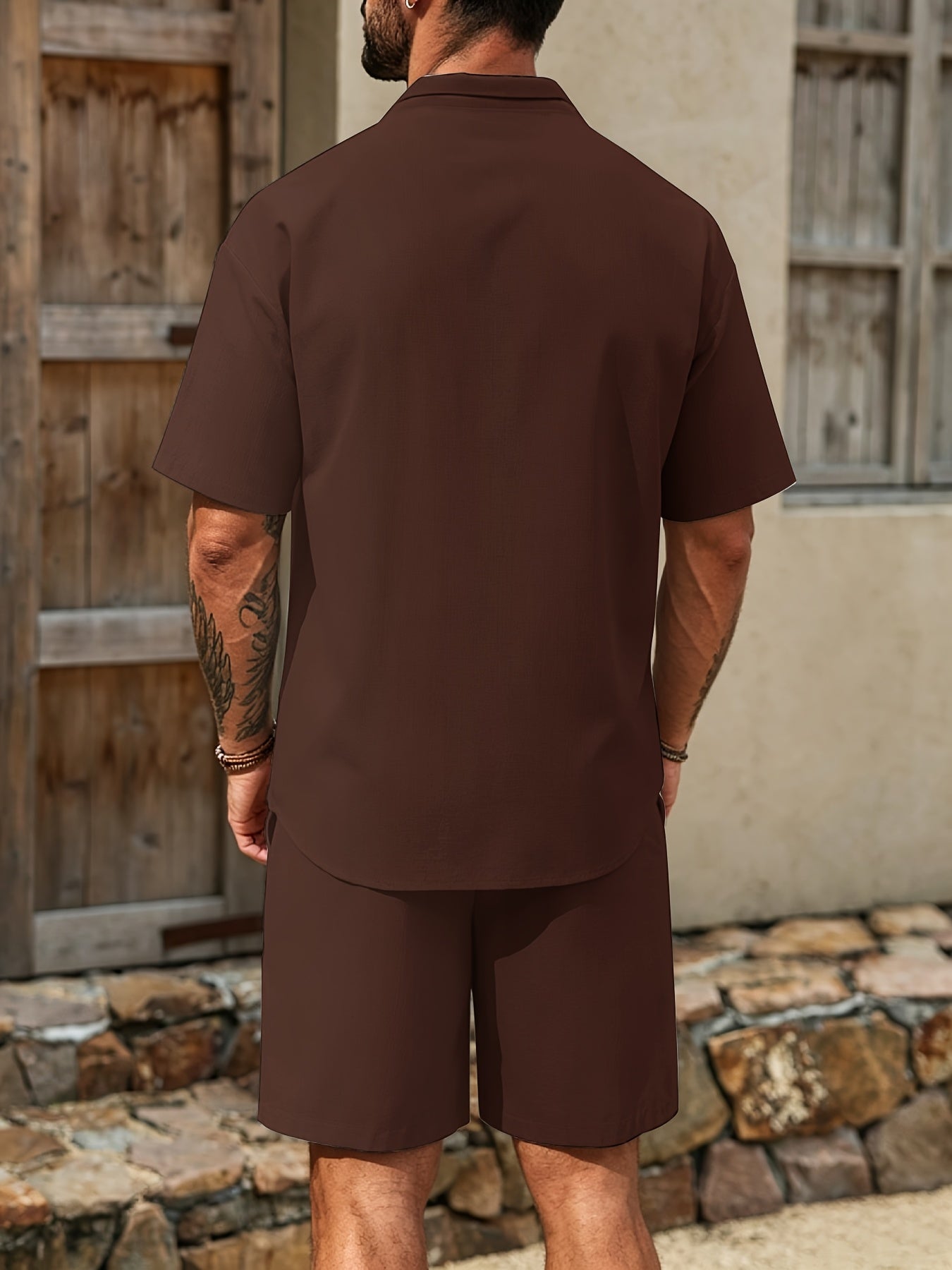 Men's Casual Linen Suit Set Short Sleeve Lapel Shirt & Drawstring Shor