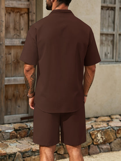 Men's Casual Linen Suit Set Short Sleeve Lapel Shirt & Drawstring Shor