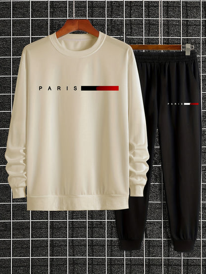 Men's Casual Sports Sweatshirt Set, Loose Fit Pullover Hoodie with Print, Polyester Blend, Round Neck, Stretch Knit, Autumn/Winter Collection