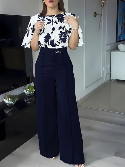 Women's Elegant Floral Print Casual Shirt Set for Spring/Summer