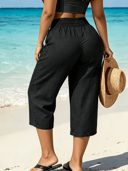Women’s Summer Capri Pants High-Waist Pleated Casual Wear