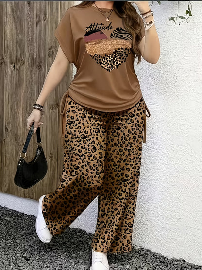 Leopard Print Casual Long Pants Set with Side Drawstring