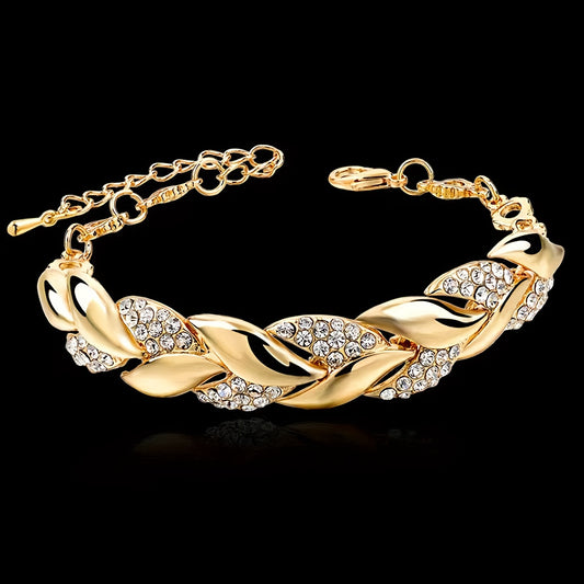 1pc Daily Banquet Jewelry, Golden Leaf Bracelet, Fashion Wedding Jewelry, Inlaid Faux Diamond Bracelet For Men Women