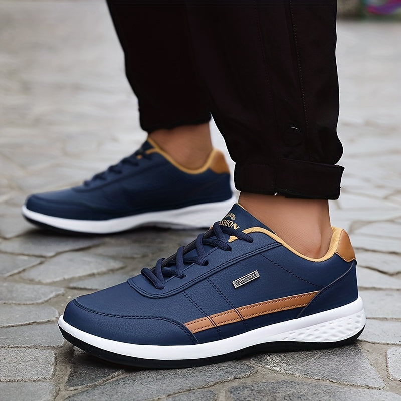 Casual Sneakers| VanWeir Men's Fashion Sneakers - Casual Lace-Up Shoes with PU Upper & MD Sole, Comfortable Fabric Insole, Versatile for All Seasons, Navy Blue with White & Orange Accents, VANWEIR