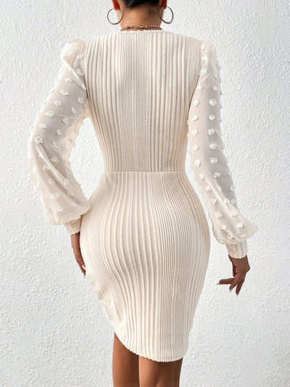 Women's Elegant Long Sleeve Slim Fit Dress - High-Stretch Short to medium length (knee/ankle/above) Dress with Lace Trim Round Neck, Machine Washable Spring/Summer Party Wedding Guest Attire - Solid Color Dress for & Events,