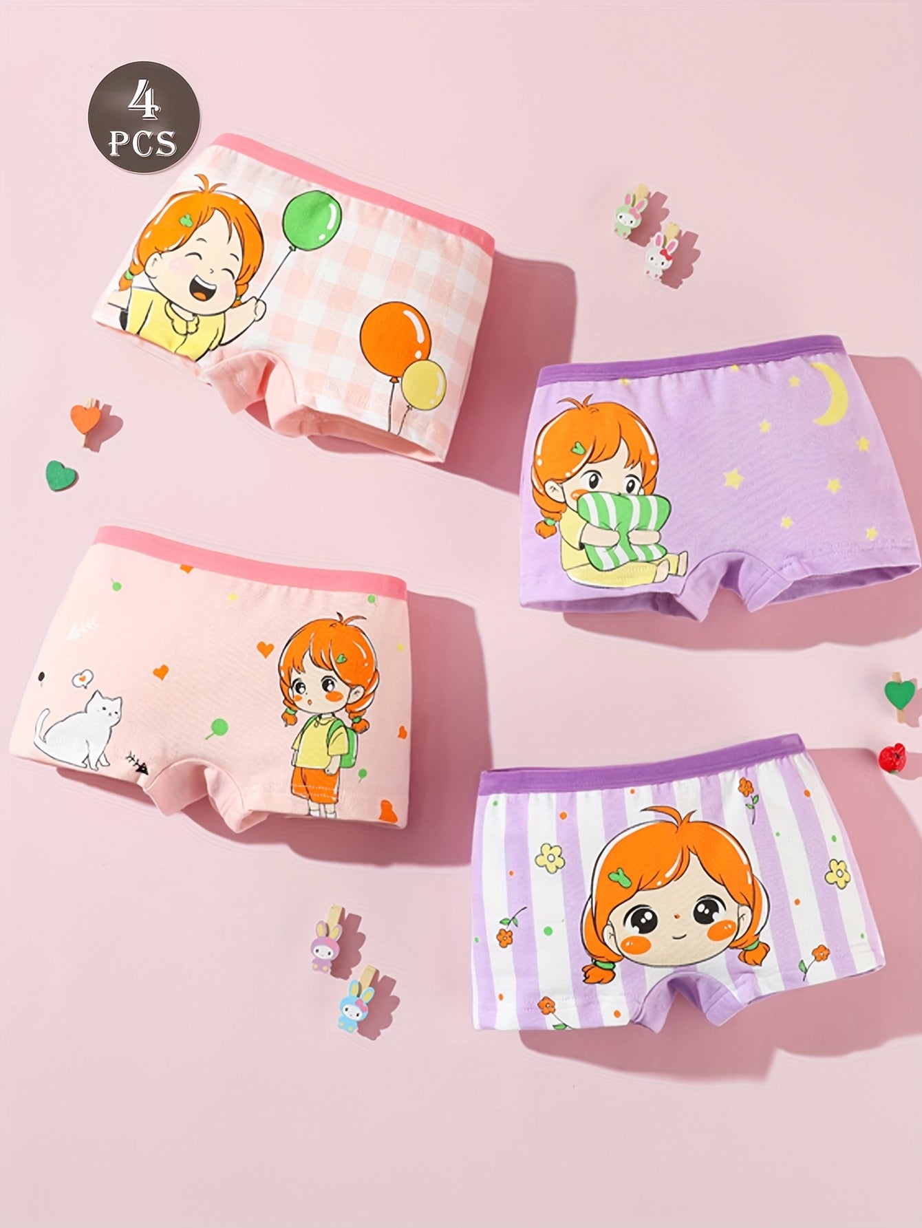 Girls' Cotton Boxer Briefs 4-Pack with Balloon Print