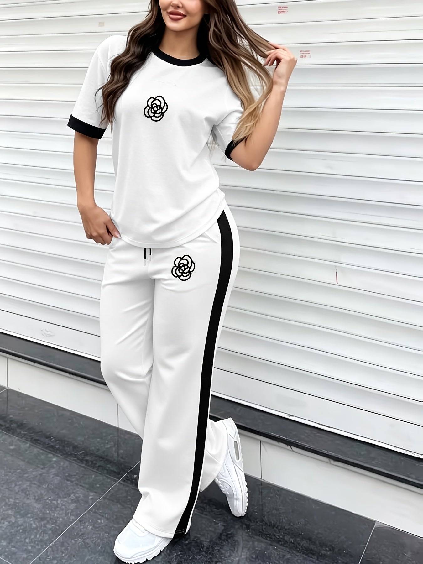 Women's Casual Color-Block Print Short Sleeve Top & Pants Set
