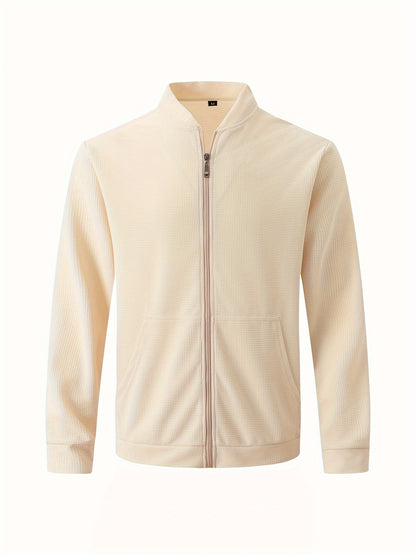 Men's Lightweight Jacket with Stand-Up Collar - Zippered Front Closure, Regular Fit Casual Coat for Everyday & Formal Wear - Spring/Fall Outerwear in White/Neutral Tones - Easy Care Zipper Jacket
