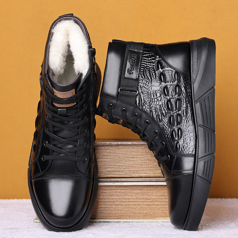 Men'S Versatile High-Top Boots, Featuring a Simple Lace-Up Design And Work Boot Style, with Slip-Resistant, Durable Thick Soles And Crocodile Texture Details, Suitable for Outdoor Travel And Daily Office Wear, Ideal for Use D