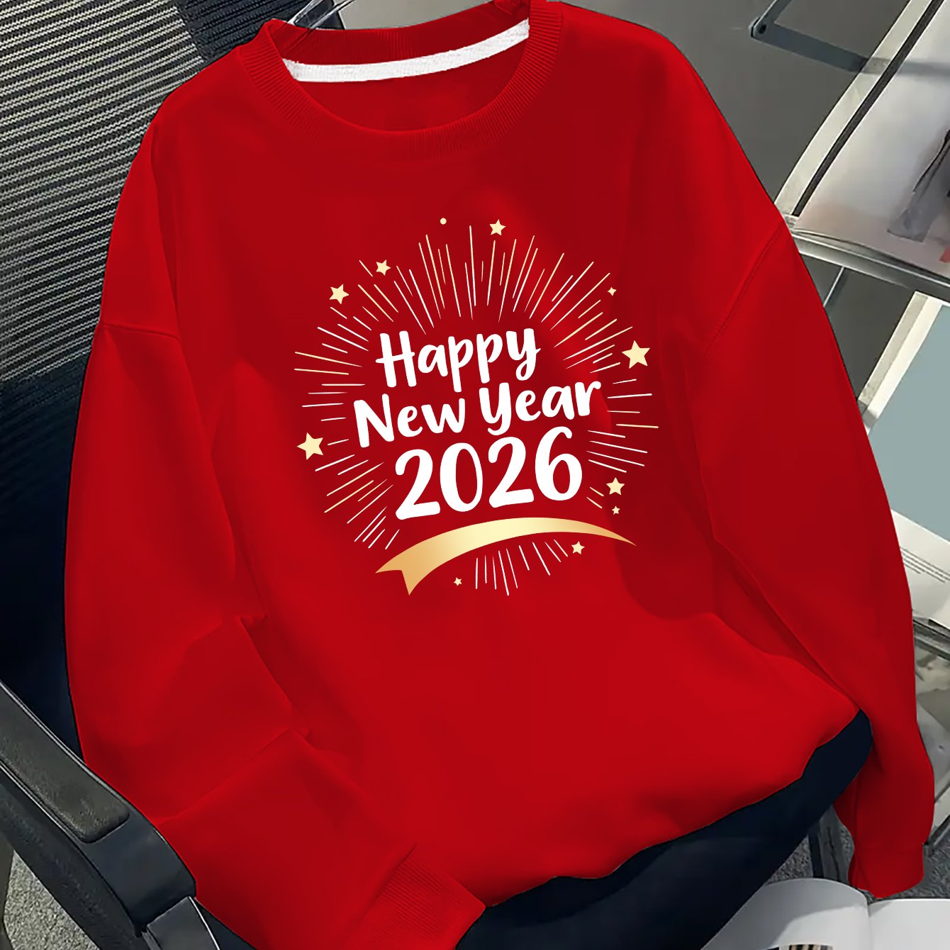 Men's Happy New Year 2026 Print Round Neck Sweater - Casual Long Sleeve Pullover with Chinese/English Lettering, Machine Washable Winter Sweaters for Parties, Daily Wear & New Year Gifts (Happy 2026 Design)