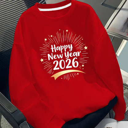 Men's Happy New Year 2026 Print Round Neck Sweater - Casual Long Sleeve Pullover with Chinese/English Lettering, Machine Washable Winter Sweaters for Parties, Daily Wear & New Year Gifts (Happy 2026 Design)