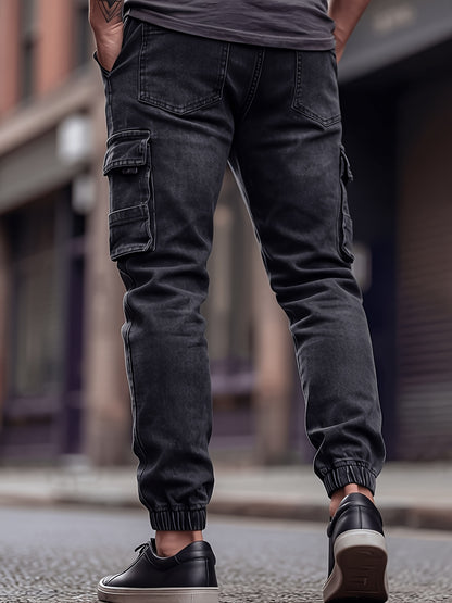 Men's Slim Fit Denim Cargo Pants with Elastic Waistband