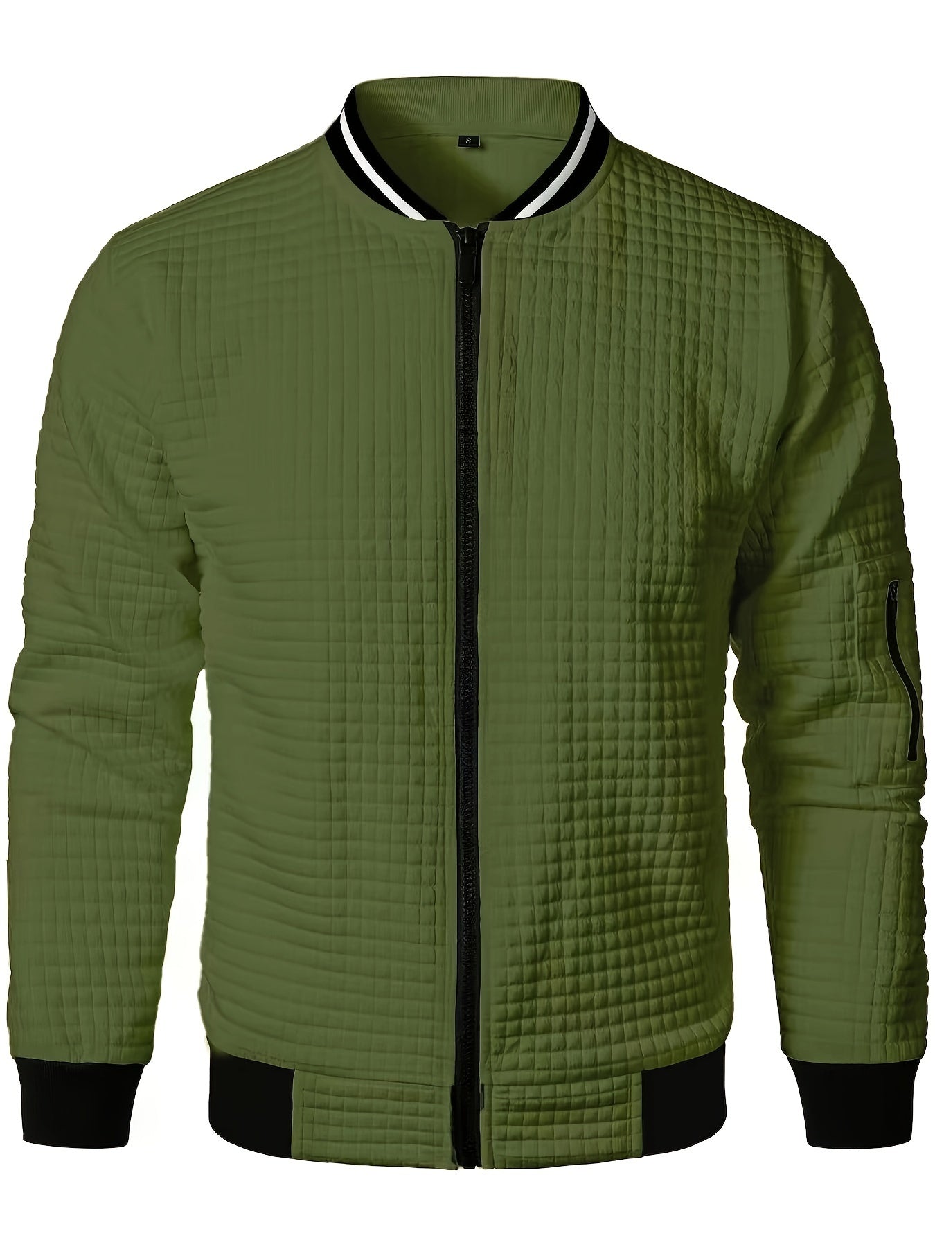 Men's Casual Bomber Jacket with Stand Collar - Polyester and Elastane Blend, Knit Fabric with Slight Stretch, Solid Color, Zipper Detail, Long Sleeve, Regular Fit