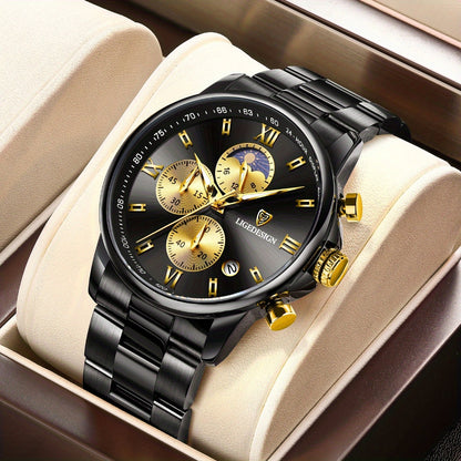 LIGE Black Blue Quartz Watch with Calendar, Exquisite & Simple Dial Stainless Steel Strap Multiple Colors High-quality Wrist Watch