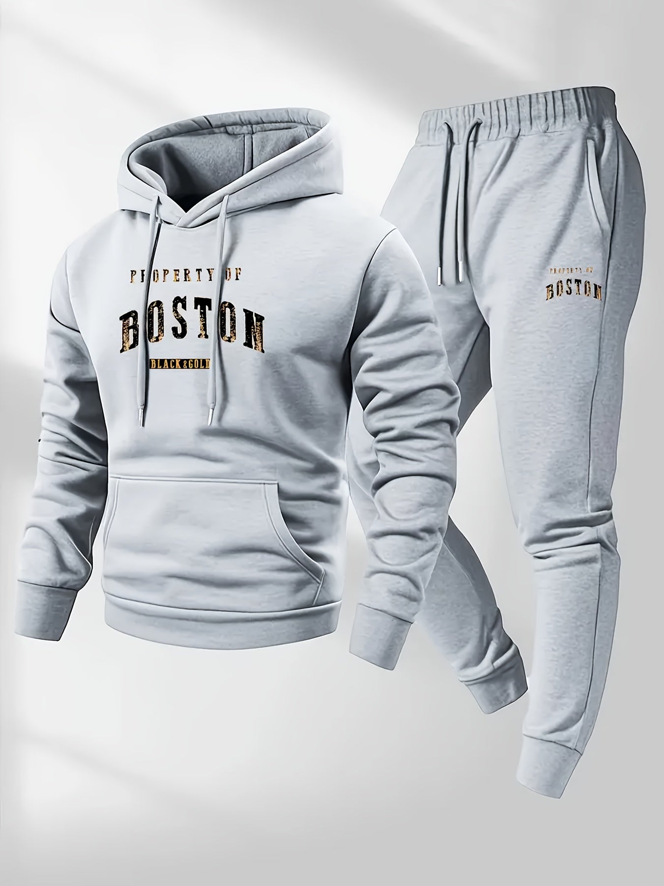 Men'S Boston Print Hoodie And Sweatpants Set - Casual Long Sleeve, Slight Stretch Fabric, Pockets, Suitable for Autumn And Winter, Sportswear, Casual Attire | Hoodie | Sport Pants with Pockets, Everyday Wear