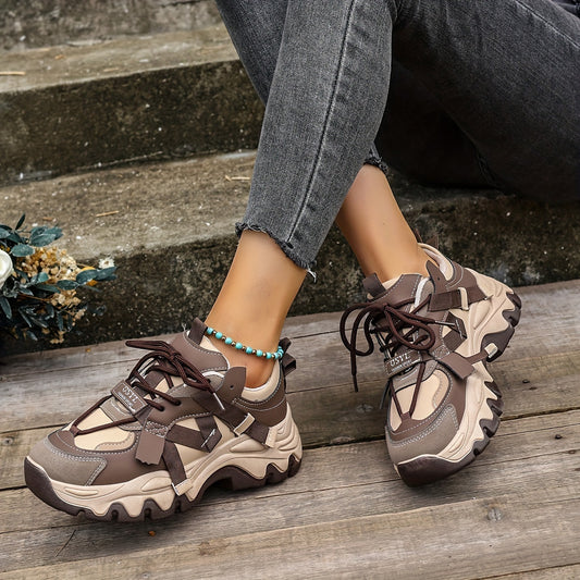 Women's Colorblock Casual Sneakers, Lace Up Comfy Platform Soft Sole Sporty Trainers, Versatile Low-top Walking Shoes