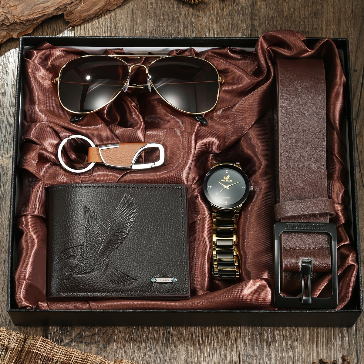 5pcs Men's Luxury Quartz Watch & Accessory Gift Set Compatible for - Full Collection: Belt, Glasses Case Wallet, Keychain - - Analog Watch with Quartz Movement, Elegant Multi-Accessory for Him (, Anniversary, Graduation)