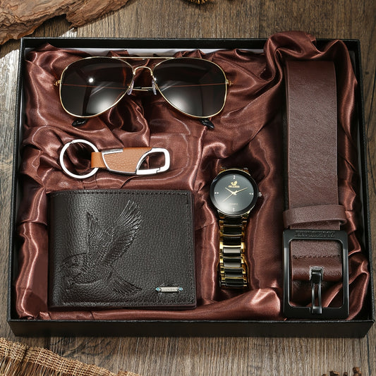 5pcs Men's Luxury Quartz Watch & Accessory Gift Set Compatible for - Full Collection: Belt, Glasses Case Wallet, Keychain - - Analog Watch with Quartz Movement, Elegant Multi-Accessory for Him (, Anniversary, Graduation)